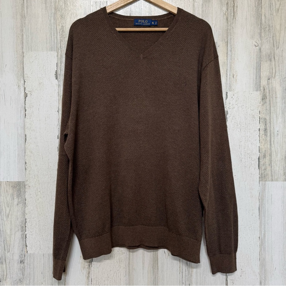 Polo Ralph Lauren Brown Pima Cotton Herringbone Sweater Mens Size XL Classic